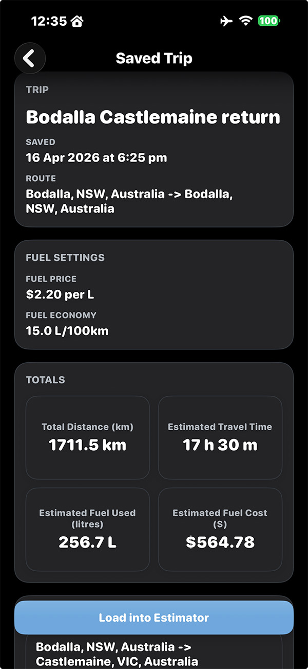 Tripometer estimator results screen