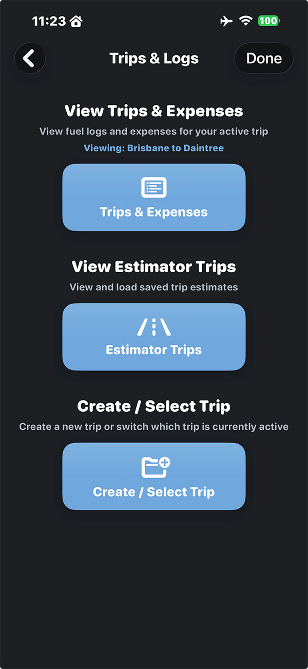 Tripometer settings and backup screen