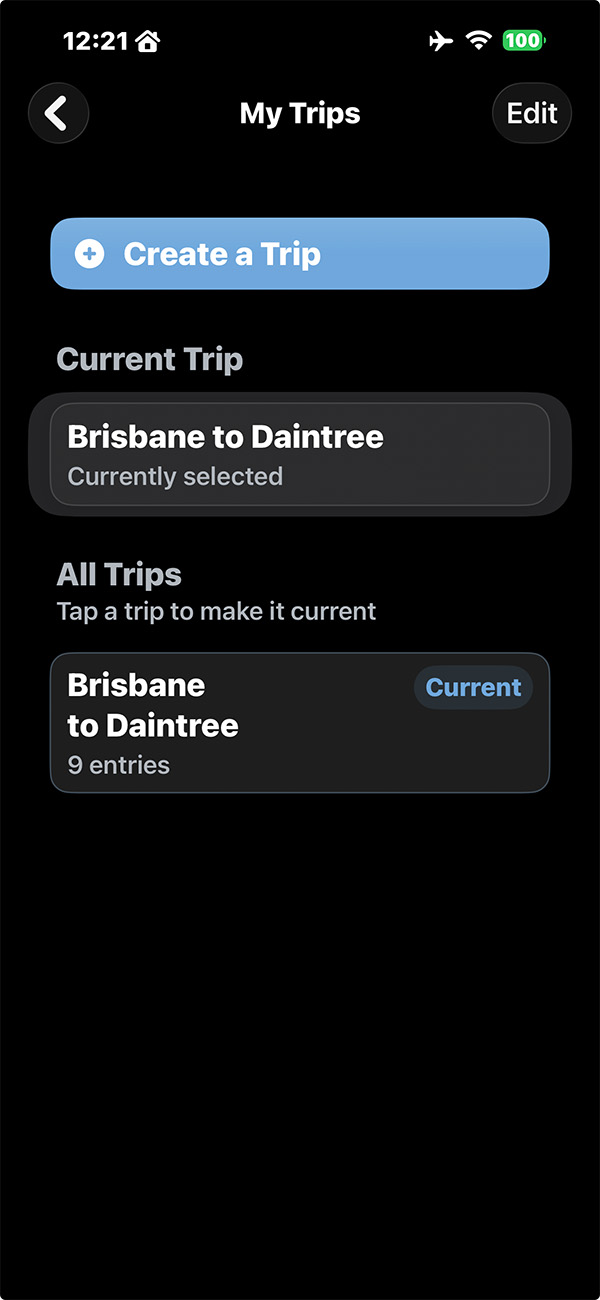 Tripometer My Trips screen listing saved fuel entries