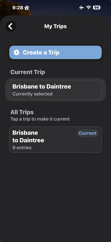 Create or Select a Trip screenshot