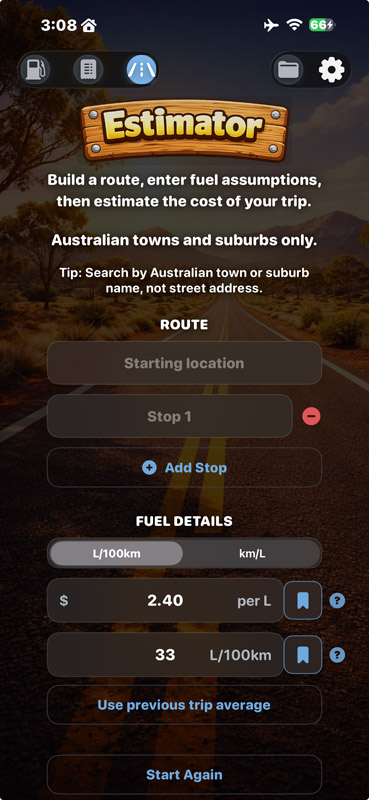 Tripometer trip estimator screen