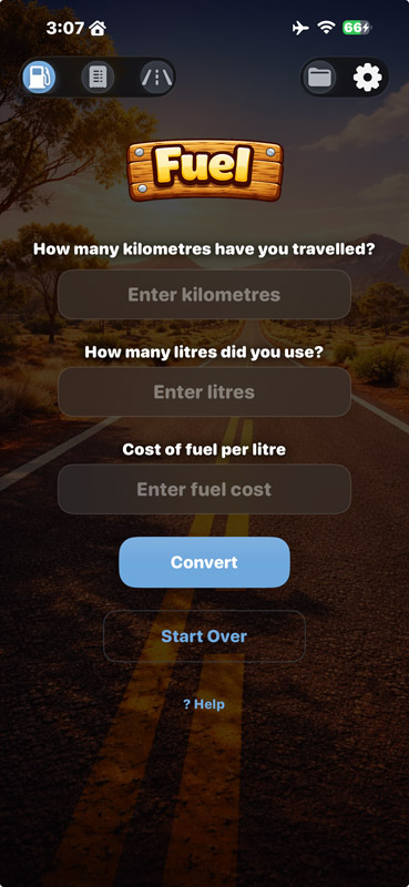 Tripometer main calculator screen showing fuel inputs and results