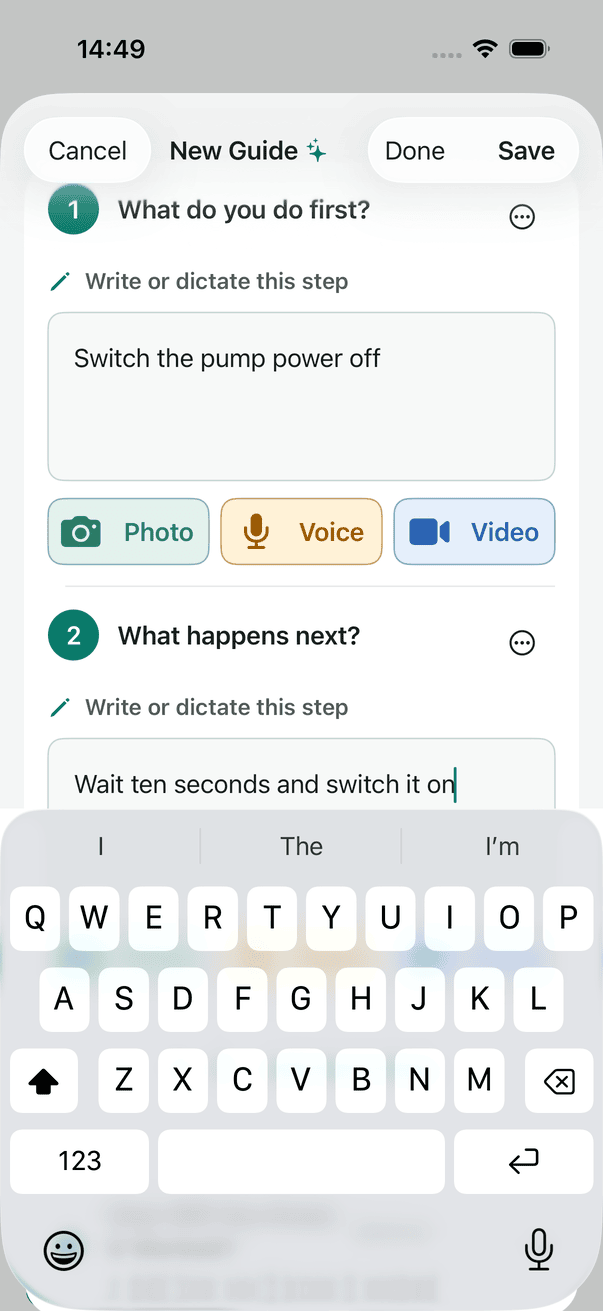 New guide editor with two written steps and photo, voice and video controls