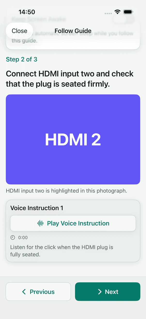 Guided Follow on step two with a linked HDMI photo and voice instruction