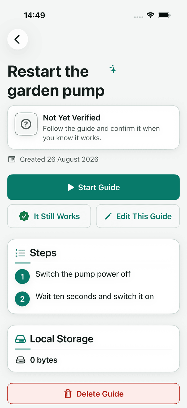 Saved garden pump guide showing trust status, start guide action and two steps