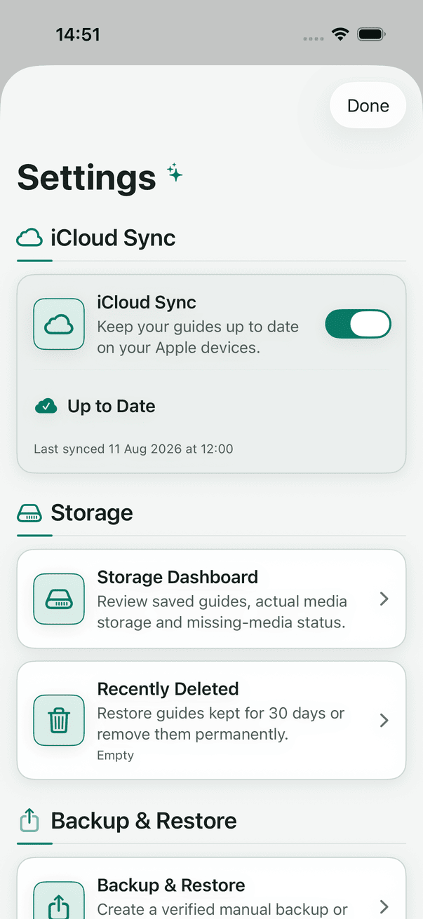 Settings showing optional iCloud Sync enabled and Up to Date