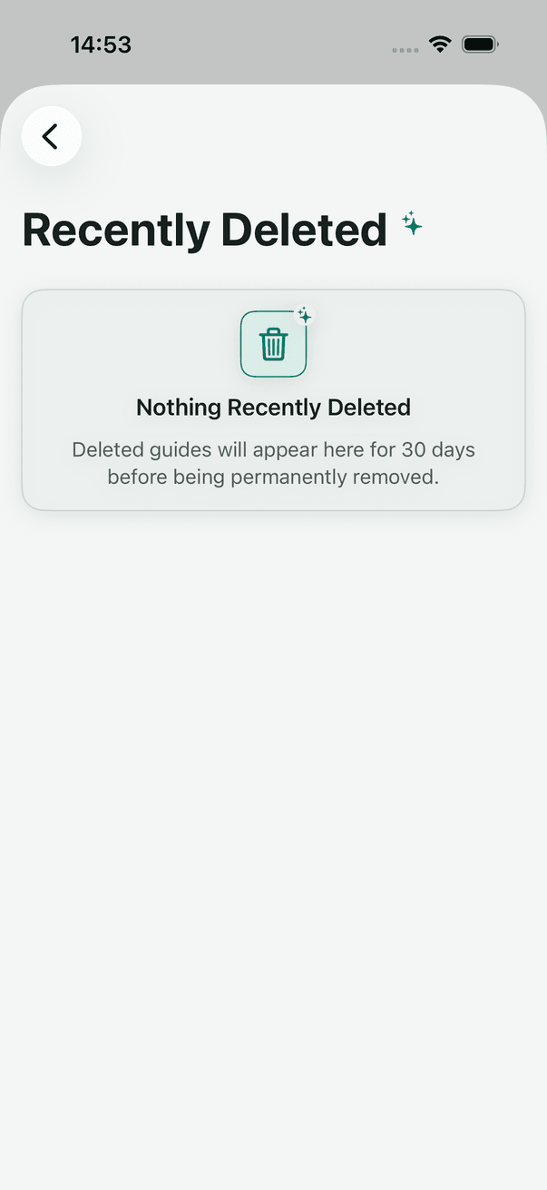 Recently Deleted empty state explaining that deleted guides are kept for 30 days