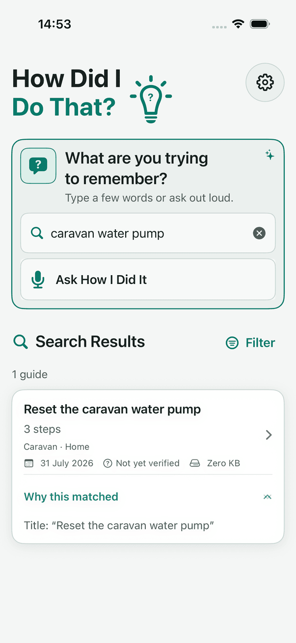 Search for caravan water pump showing one guide and an expanded Why This Matched explanation