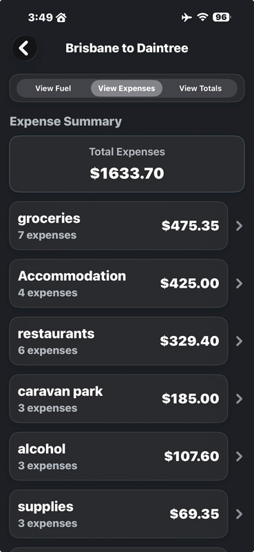 Tripometer expense summary screen