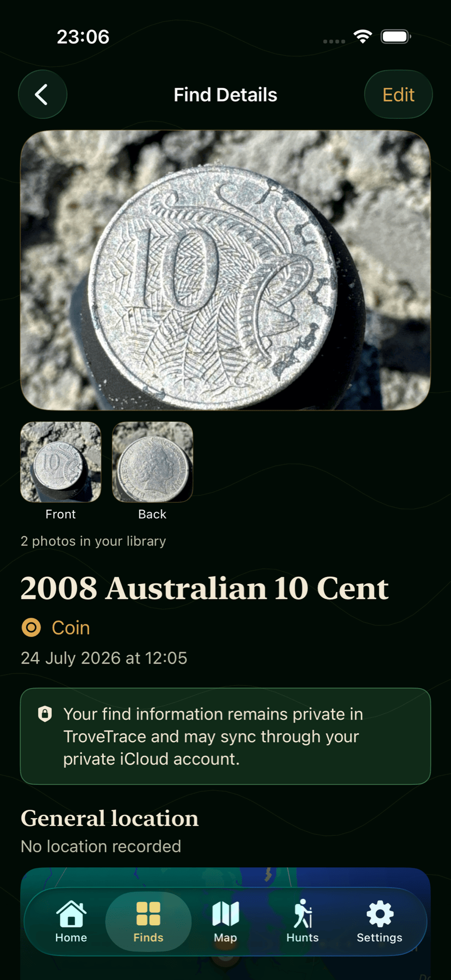 TroveTrace find detail showing front and back photographs of an Australian coin