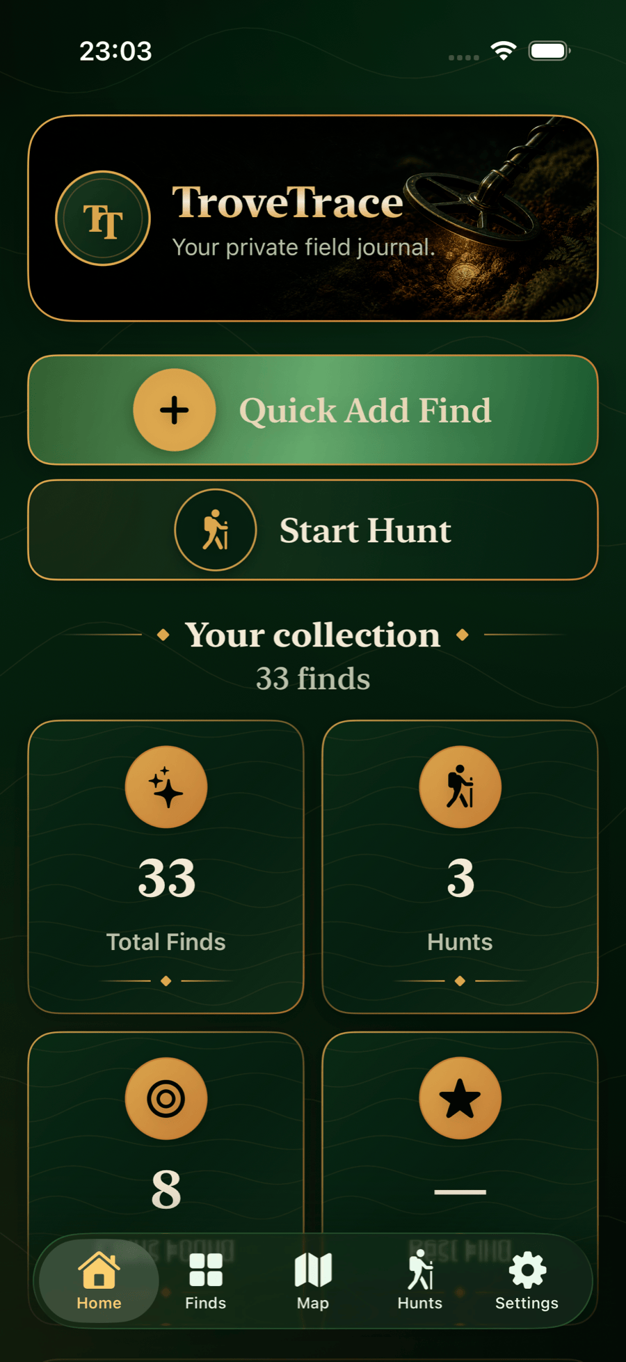 TroveTrace home screen in dark mode showing populated collection summaries