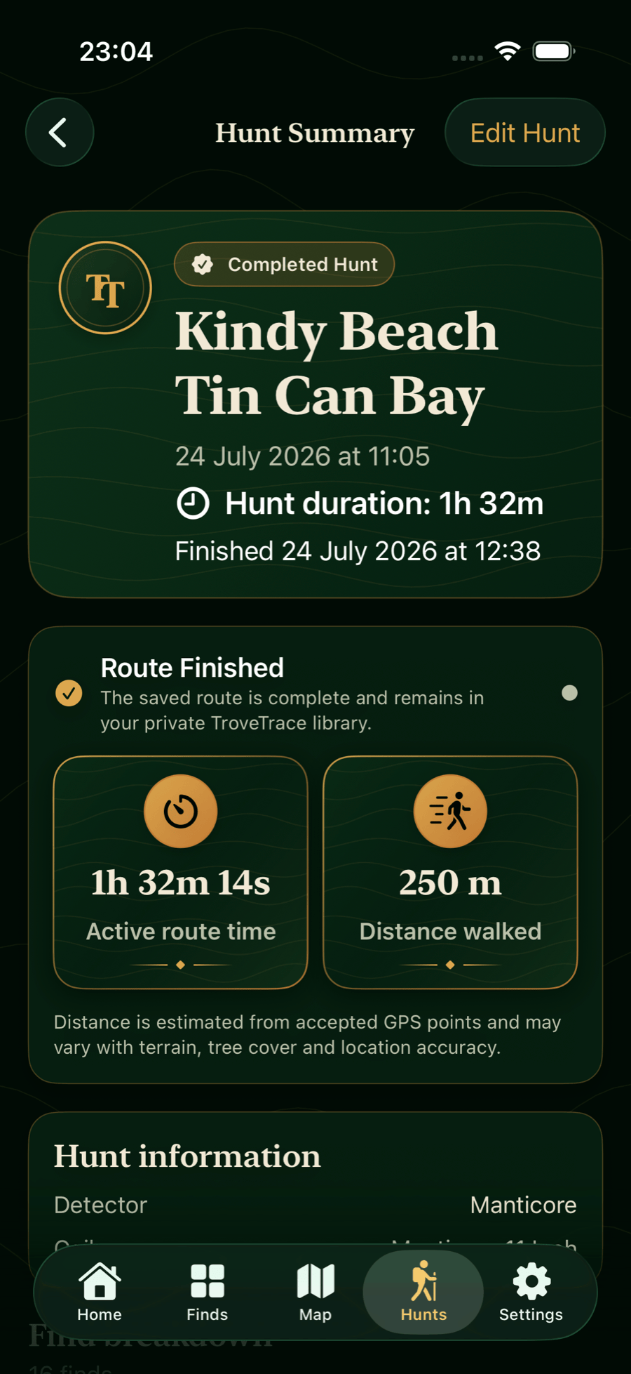 TroveTrace hunt summary showing route timing and distance for a completed detecting hunt