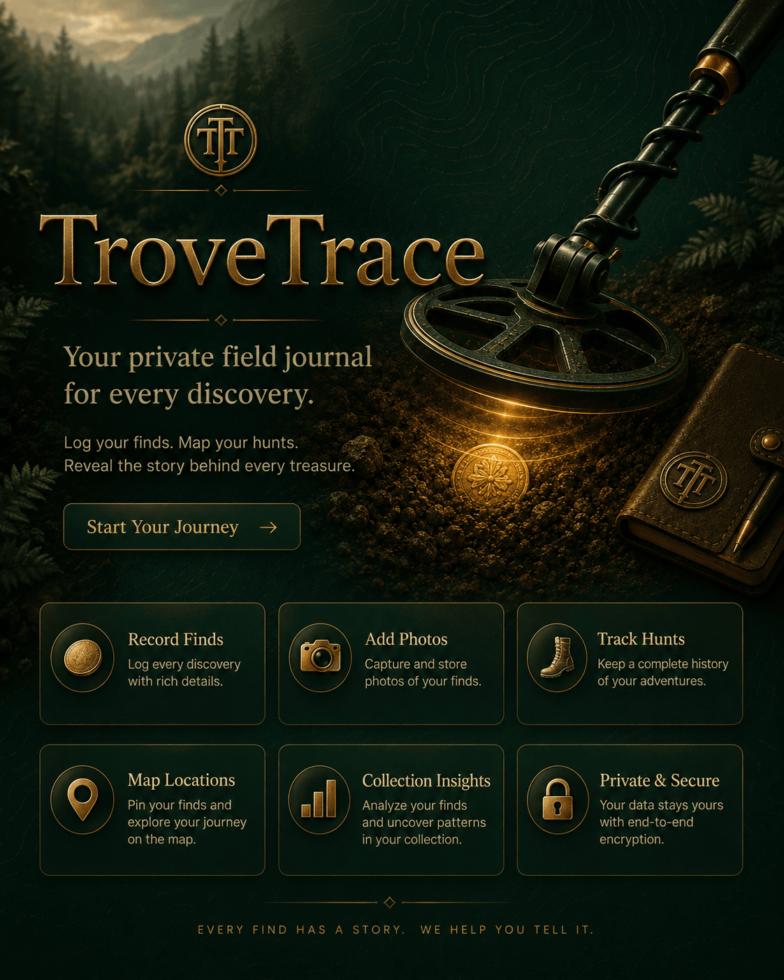 TroveTrace field journal artwork showing a metal detector, coin and app features
